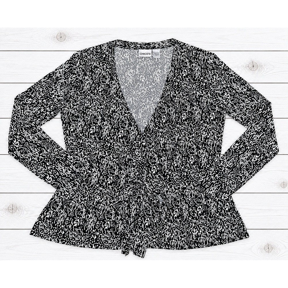 Chico's Blouse Faux Wrap Tie Front Abstract Print Black White Size 2 (Large)